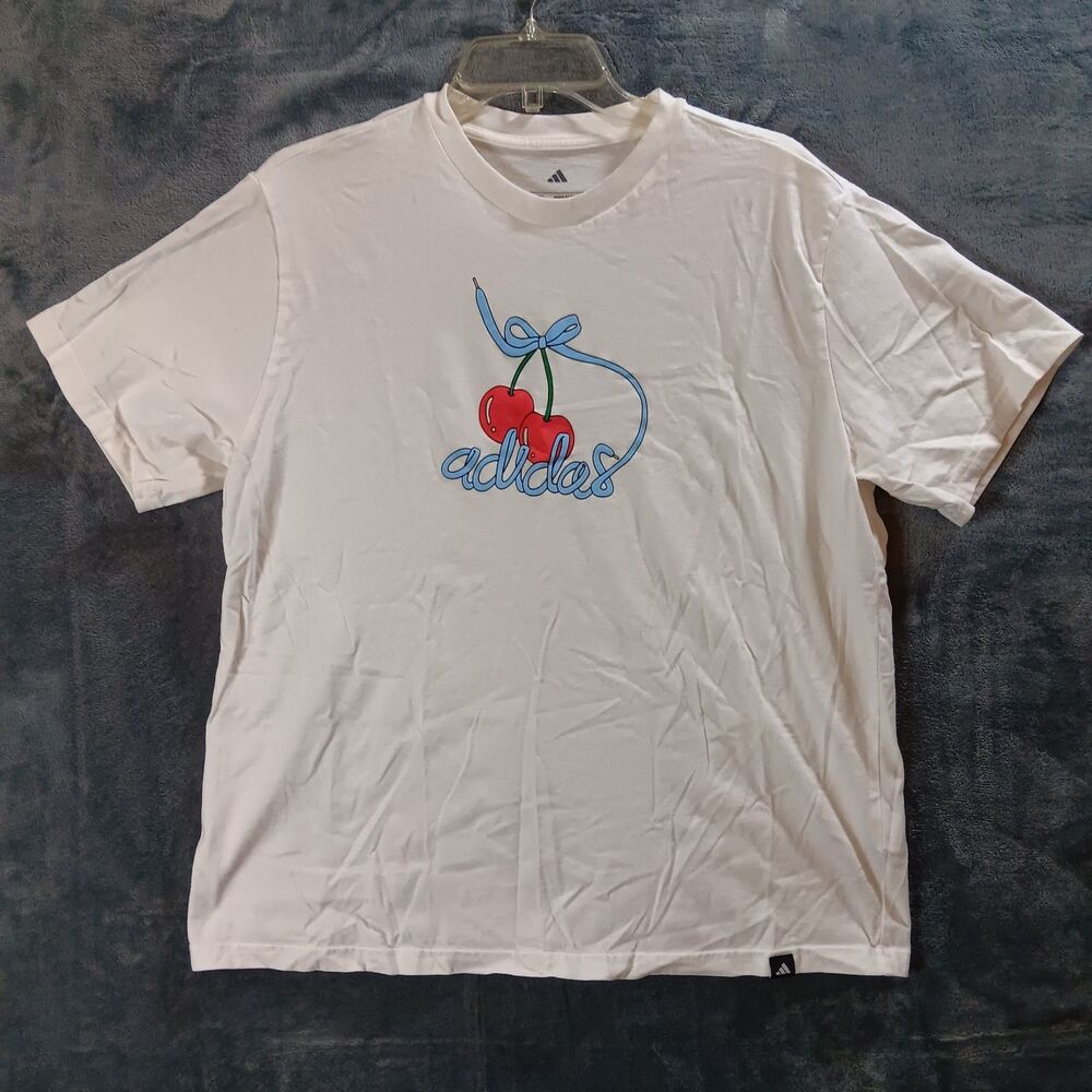 Adidas Womens Size XL T Shirt Cotton Cherry Logo Bow Sporty White Casual